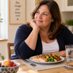 Femme devant un repas nutritif pendant un traitement de l’obésité qui diminue la faim