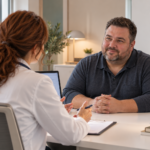 Consultation médicale de suivi GLP-1 entre un médecin et un patient vivant avec l’obésité