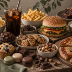 Variété d’aliments illustrant la dépendance alimentaire, les compulsions et l’hyperphagie